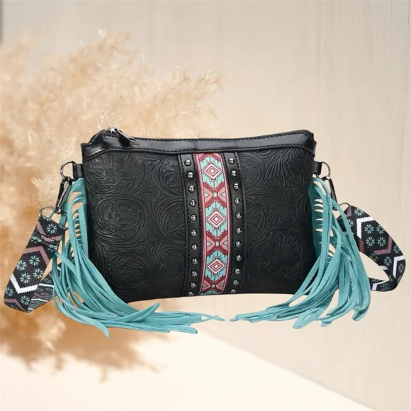 Black Crossbody with Fringe and Stud Detail Western - Picture 1 of 9